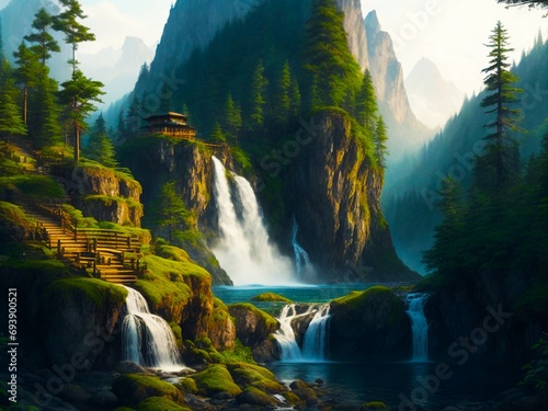 _Design a highly detailed of a rugged mountain peak surrounded by lush forests and cascading waterfalls  capturing the serene beauty of the natural world._ 