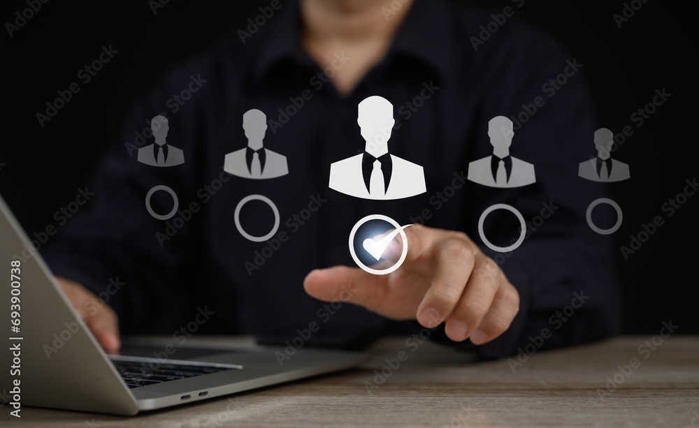 Recruitment people or Human Resource Management (HR) concept : Bussinessman using laptop for human development recruitment leadership and customer target group to enter the position in company.	