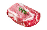 Raw Rib-eye Steak, beef marbled meat on wooden board with rosemary.  Transparent background. Isolated.