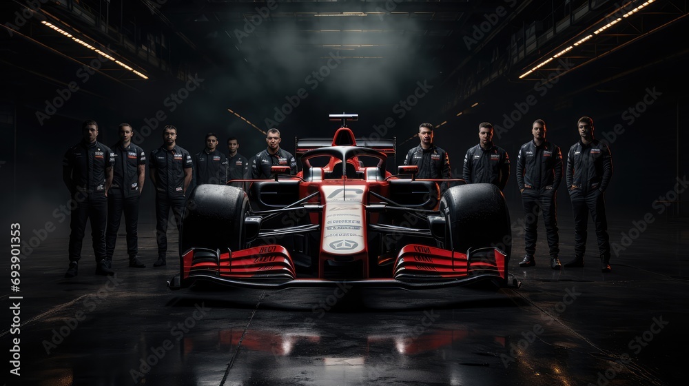 Front view of Formula 1 Car and The Team Mechanics. - obrazy, fototapety, plakaty 