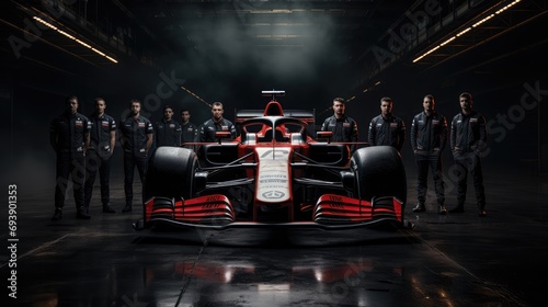 Front view of Formula 1 Car and The Team Mechanics.