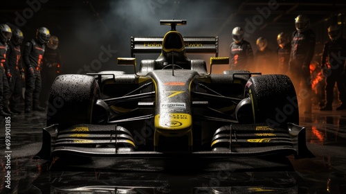 Front view of Formula 1 Car and The Team Mechanics.