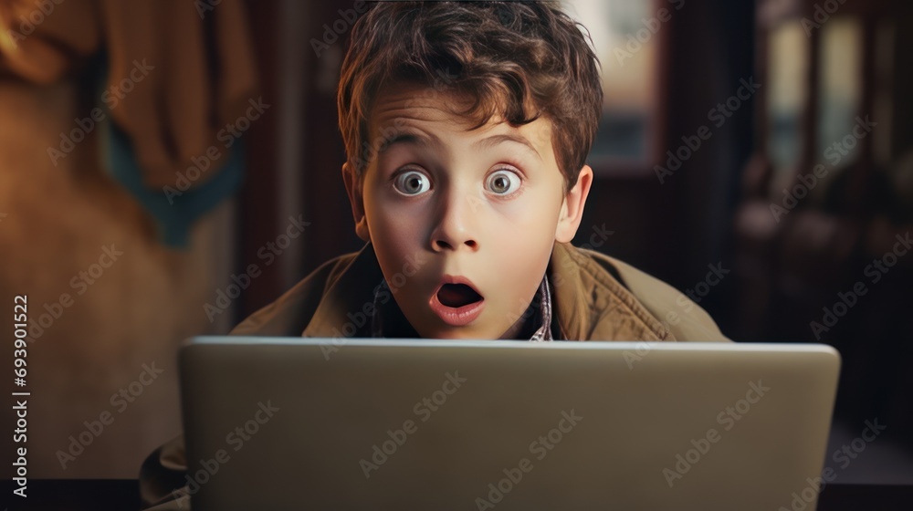 Surprised boy on internet with laptop computer Surprised boy on internet with laptop computer