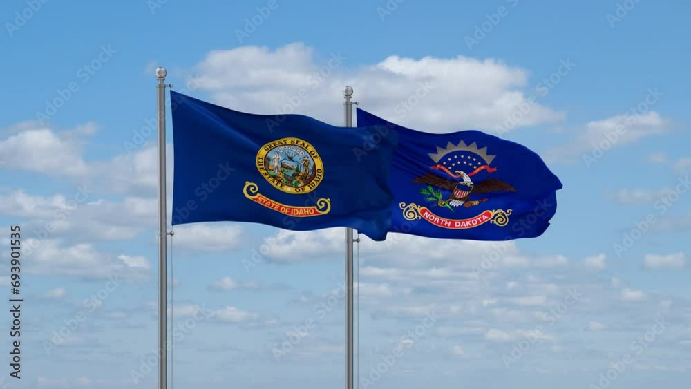 North Dakota and Idaho US state flags waving together on cloudy sky, endless seamless loop North Dakota and Idaho US state flags waving together on cloudy sky, endless seamless loop