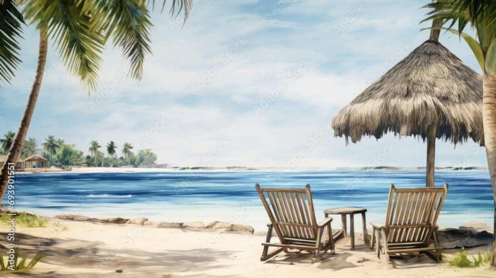 Watercolor Palm Beach with wooden chairs and straw umbrellas - picturesque island