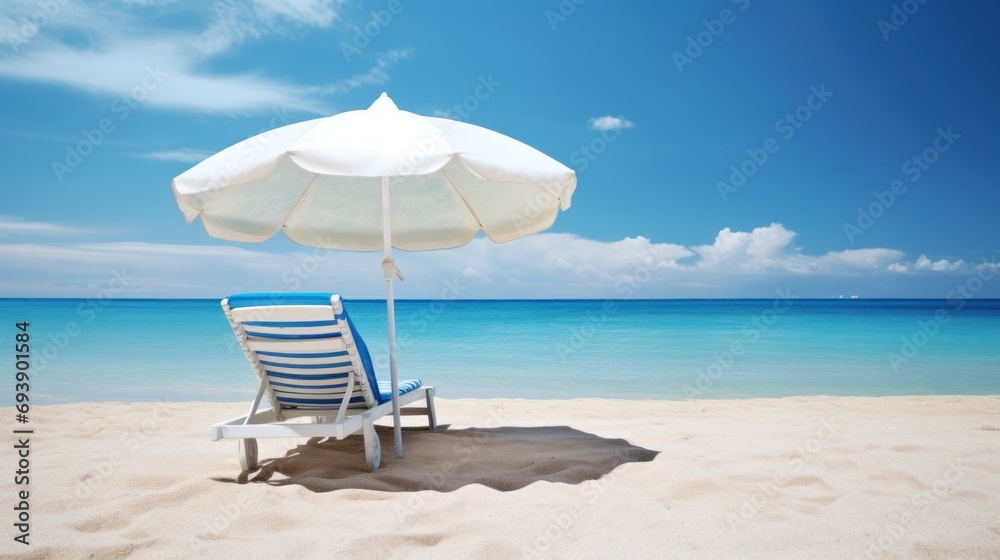 White chaise longue and blue umbrella on white sand beach