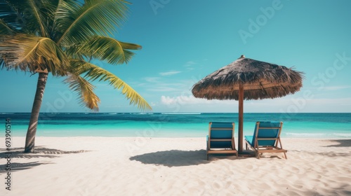 Tropical white sand beach with chairs and umbrellas and palm trees