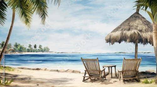 Watercolor Palm Beach with wooden chairs and straw umbrellas - picturesque island © venusvi