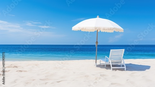 White chaise longue and blue umbrella on white sand beach
