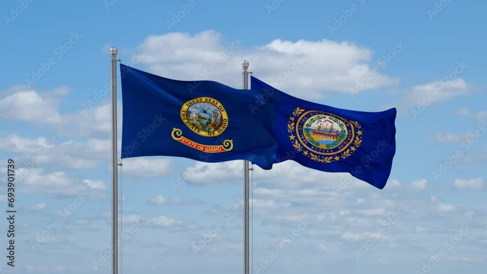 New Hampshire and Idaho US state flags waving together on cloudy sky, endless seamless loop New Hampshire and Idaho US state flags waving together on cloudy sky, endless seamless loop