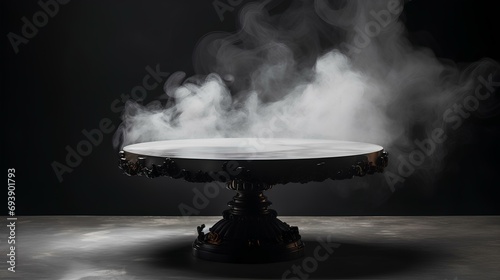 An empty round marble podium with smoke on a black platform with a black background.