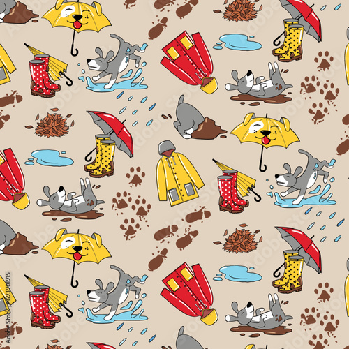 Dog winter rain muddy walk mud wellies umbrella coat seamless pattern