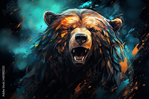 A digital artwork featuring a weighty, abstract bear with a powerful presence and formidable stature.