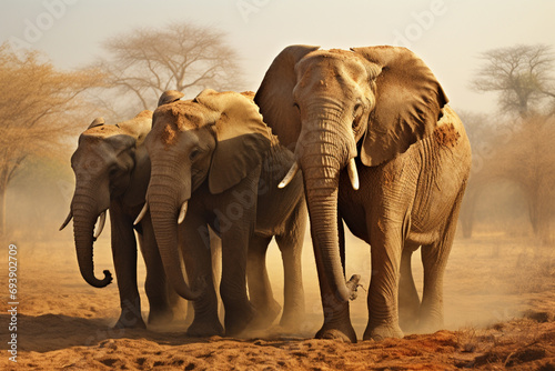 A family of elephants dusting themselves in the warm African sun  the earthy tones