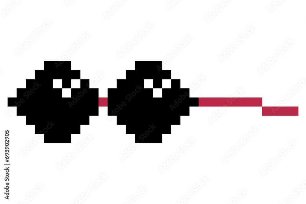 Fototapeta premium Pixel glasses meme. Like a boss meme. Pixelation, accessory optical fashion. 8 bit funky logo icon. cartoon eyeglass frame for sunglasses