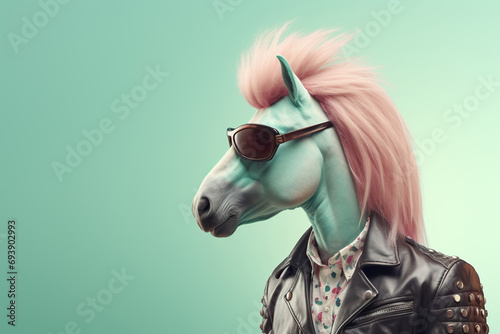 Horse punk rockstar with pink mane wearing leather jacket and sunglasses. Generative Ai photo