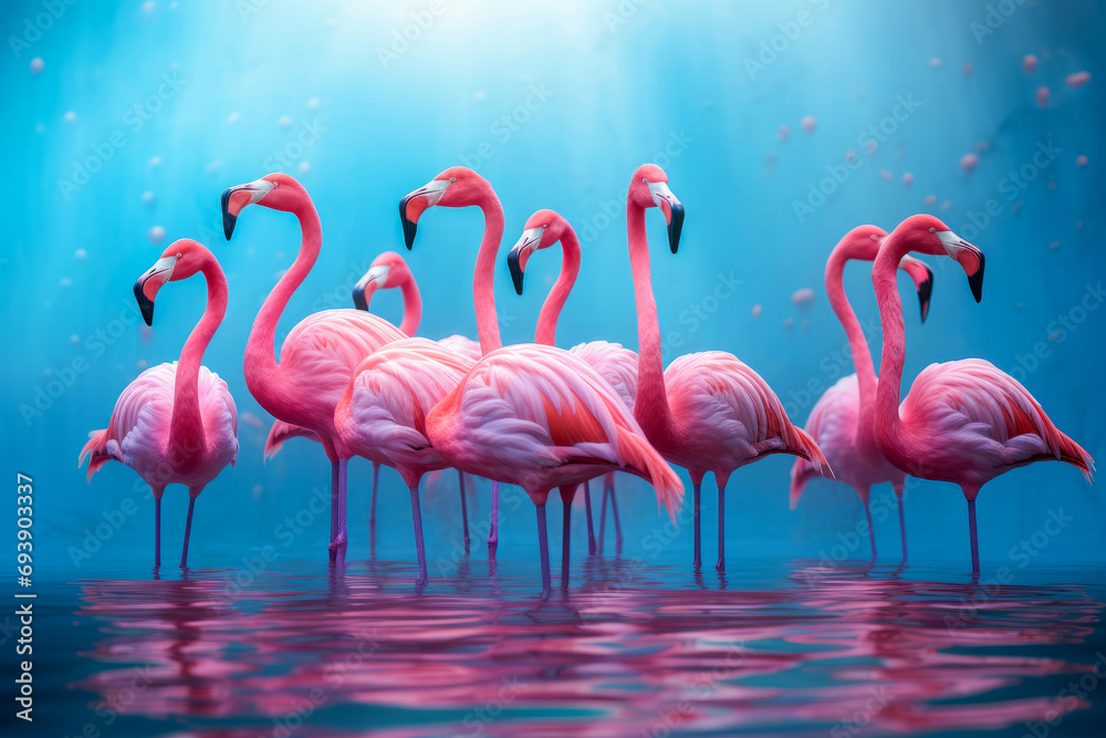 Fototapeta premium Flock of pink Flamingos in the water habitat background.