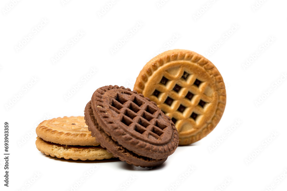 Chocolate and vanilla round cookies on a white background, round cookies on a white background Chocolate and vanilla round cookies on a white background, round cookies on a white background