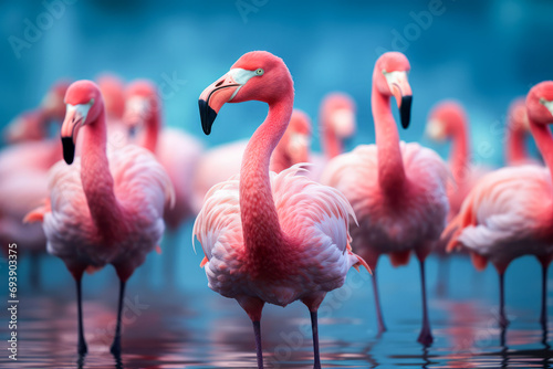 Flock of pink Flamingos in the water habitat background.