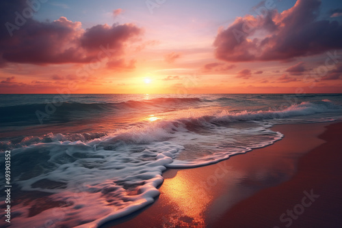 A secluded beach at sunset, with waves gently lapping against the shore as the sun dips below the horizon.