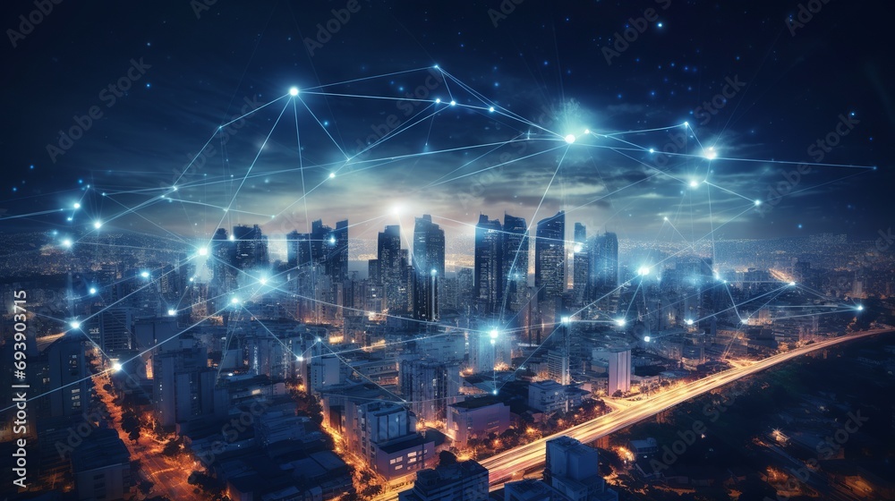 Network connection and technology concept: Global media link connecting on digital night city background, representing 5G communication, smart city, and business partnership