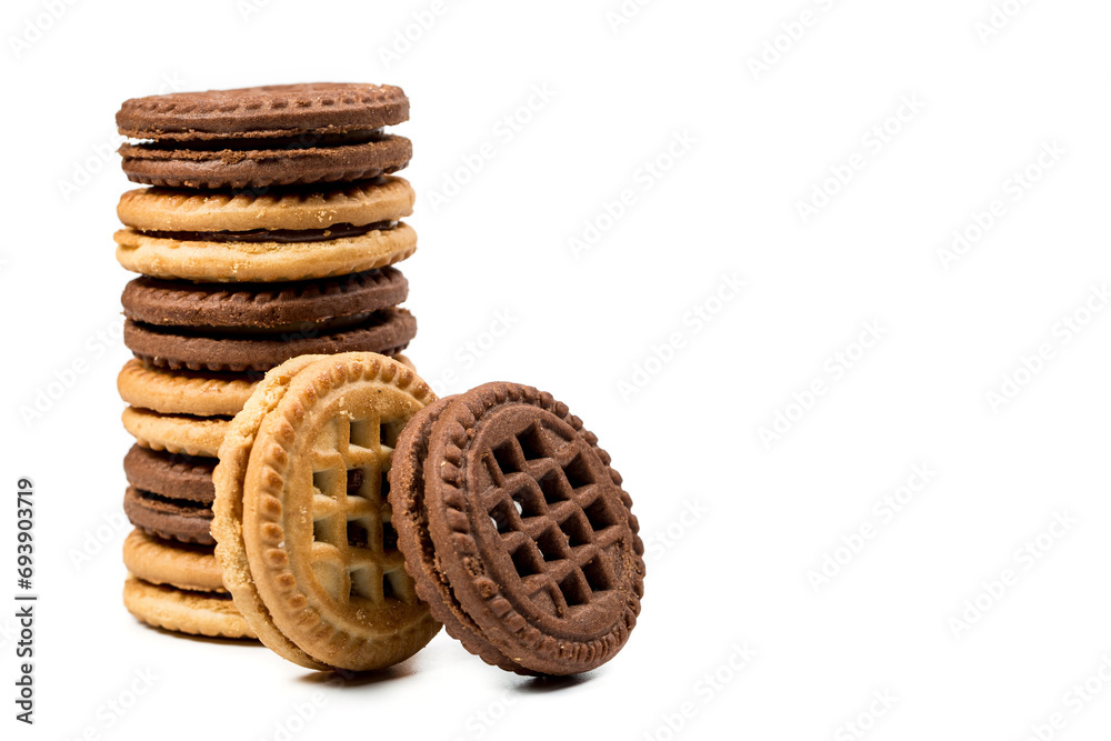 Chocolate and vanilla round cookies on a white background, round cookies on a white background Chocolate and vanilla round cookies on a white background, round cookies on a white background