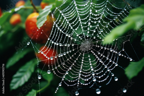A close-up shot of a dew-covered spider web, each droplet reflecting the surrounding foliage in vibrant hues