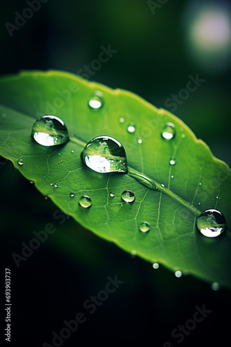 A close-up of a raindrop clinging to the edge of a leaf, refracting the surrounding environment and capturing the essence of a rainy day.