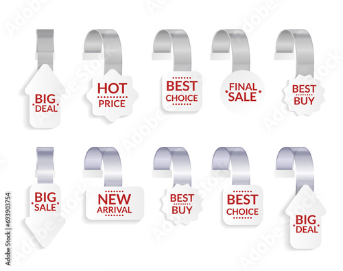 Promotional wobblers mockup set. Price tags hang on wall. Supermarket sale promotion pointing wobbler. Sale or discount label, special offer price tag