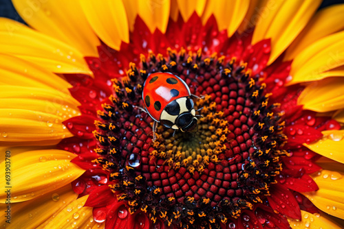 A macro shot of a ladybug traversing the surface of a sunflower, the contrast between its red shell and the yellow petals creating a vibrant image.