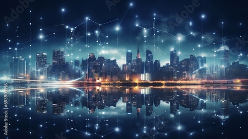 Network connection and technology concept: Global media link connecting on digital night city background, representing 5G communication, smart city, and business partnership