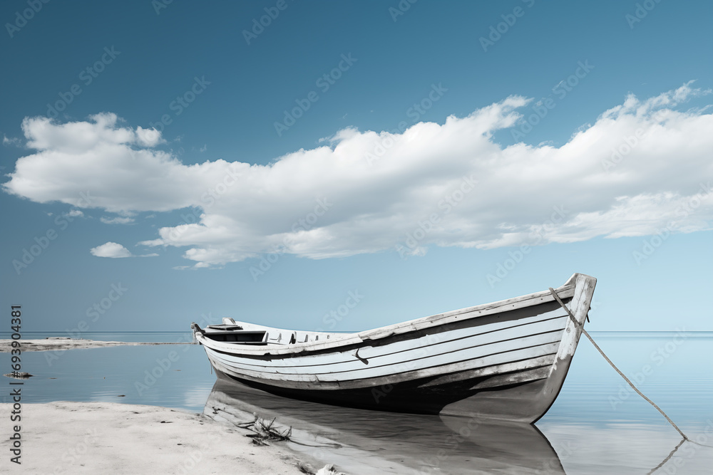 The boat on calm waters. Tranquil Journey. Serene relaxation.