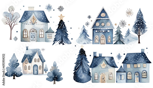 Watercolor Christmas winter houses, Blue illustration with pine trees