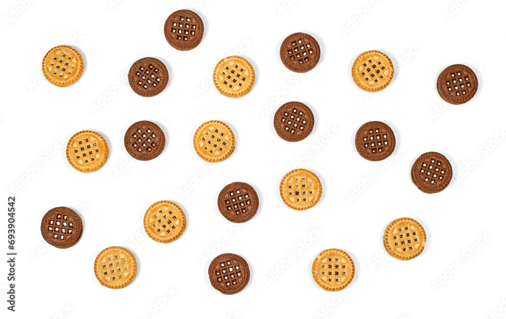 Chocolate and vanilla round cookies on a white background, round cookies on a white background