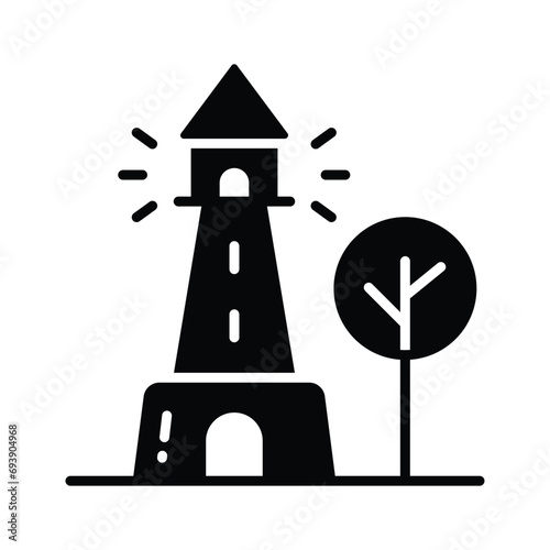 A tower containing a beacon light to warn or guide ships at sea, well designed icon of lighthouse
