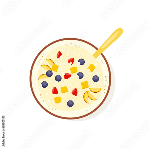 Oatmeal Breakfast, Porridge, Bowl With Fruit and Berries, granola. Healthy Food. Cartoon, flat Vector Illustration. 