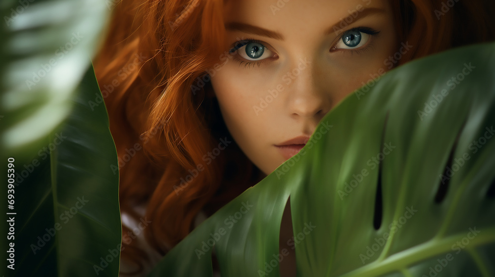 Beautiful young red hair woman hiding behind big green monstera leaf, Fashion, cosmetic commercial template Beautiful young red hair woman hiding behind big green monstera leaf, Fashion, cosmetic commercial template
