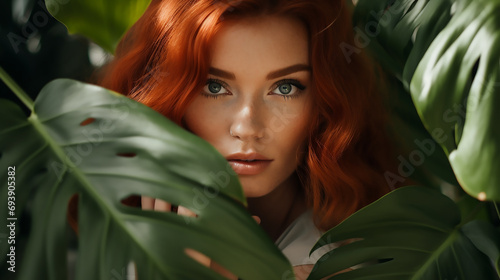 Beautiful young red hair woman hiding behind big green monstera leaf, Fashion, cosmetic commercial template 