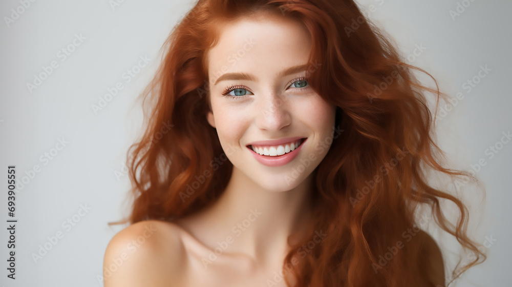 A closeup photo portrait of a beautiful red hair young woman with freckles smiling with clean teeth with stylish hair and skin care, fashion commercial template A closeup photo portrait of a beautiful red hair young woman with freckles smiling with clean teeth with stylish hair and skin care, fashion commercial template