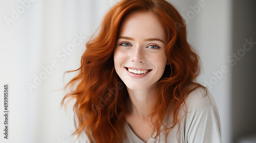 A closeup photo portrait of a beautiful red hair young woman with freckles smiling with clean teeth with stylish hair and skin care, fashion commercial template 