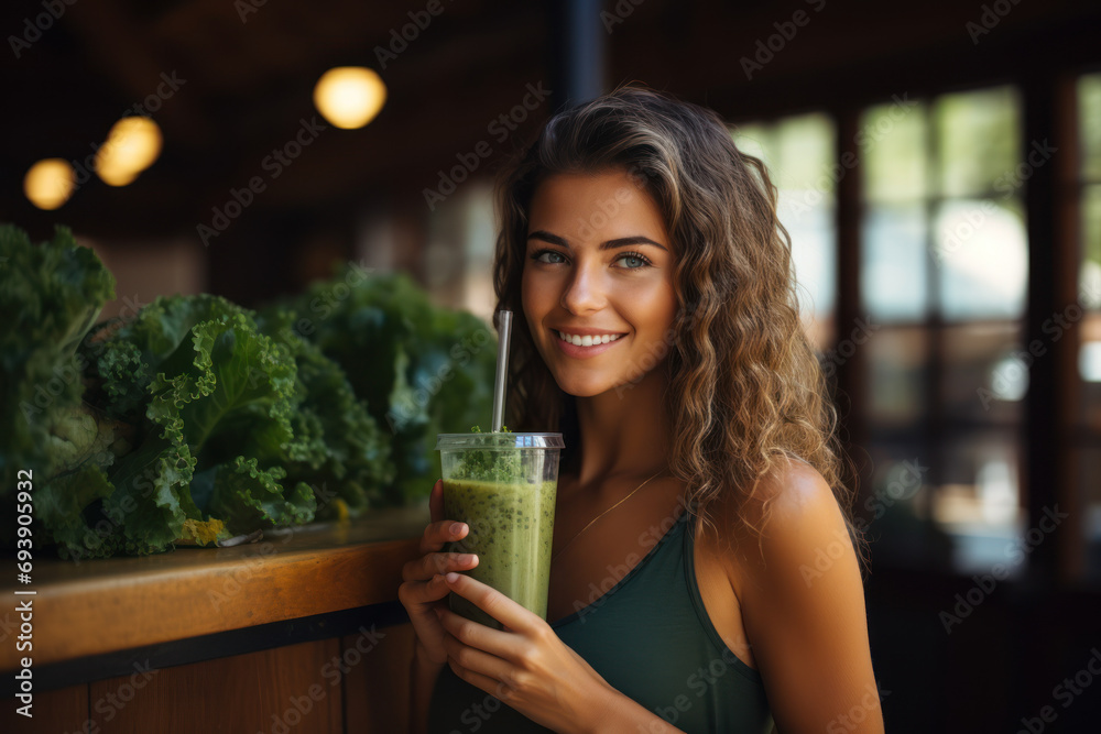 A person sipping on a refreshing green smoothie made with kale, banana, and coconut water. Concept of a nutrient-packed and energizing vegan drink. Generative Ai. A person sipping on a refreshing green smoothie made with kale, banana, and coconut water. Concept of a nutrient-packed and energizing vegan drink. Generative Ai.