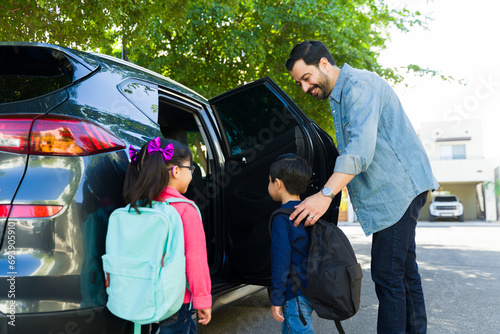 Photography Excited dad picking up their kids from school