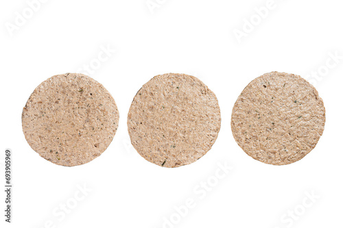 Raw Meat Free Plant Based Burger patties, vegetarian cutlets.  Transparent background. Isolated.