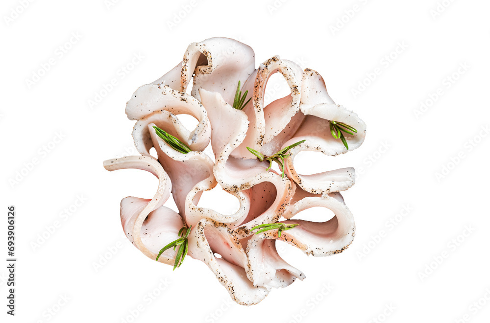 Fresh sliced lard with salt, garlic and pepper in pan with herbs.  Transparent background. Isolated.