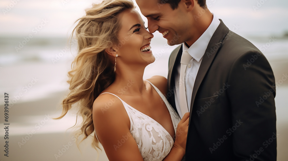 Bride and groom wearing suit and wedding dress at the sea on the beach smiling laughing and kissing. cute candid photography. wedding at the sea. happy family Bride and groom wearing suit and wedding dress at the sea on the beach smiling laughing and kissing. cute candid photography. wedding at the sea. happy family
