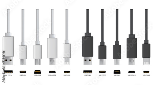 Usb cable connectors. Realistic  set of phone jacks for cabling in white and black color. Cable for charging or transmitting information for modern electronic devices photo