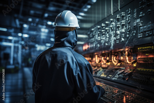 A worker in protective gear conducting a routine inspection of reactor components, emphasizing the commitment to maintenance and safety in nuclear power plants. Generative Ai.
