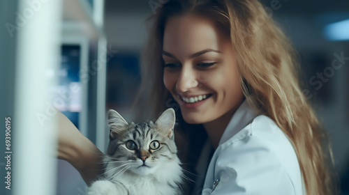 Female vet nurse doctor examining a cute happy cat making medical tests in a veterinary clinic