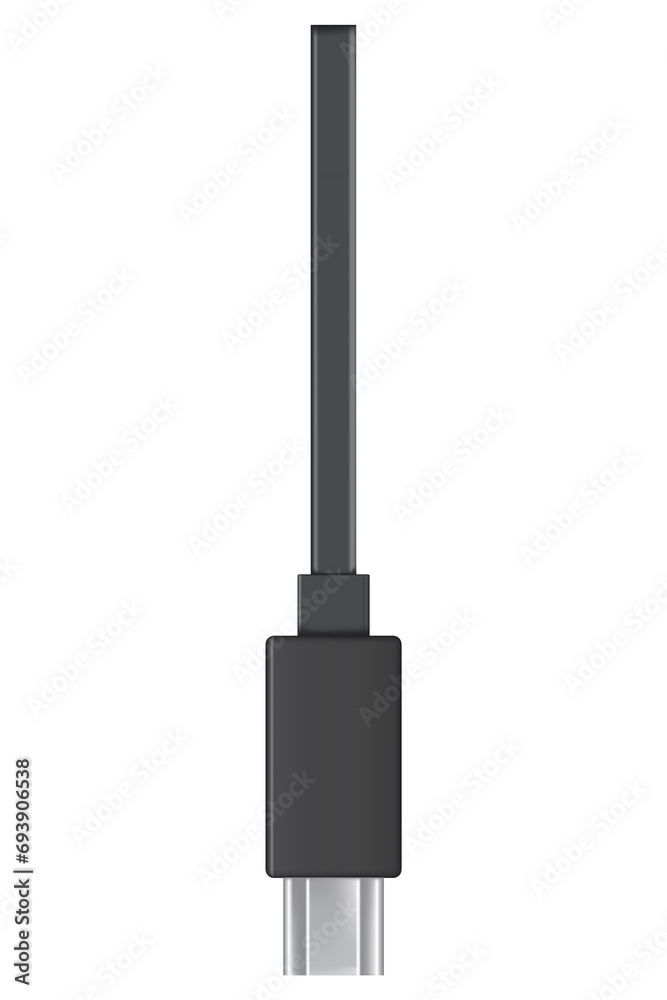 Usb cable connector, mini b. Realistic of phone jack for cabling in black color. Cable for charging or transmitting information for modern electronic devices Usb cable connector, mini b. Realistic of phone jack for cabling in black color. Cable for charging or transmitting information for modern electronic devices
