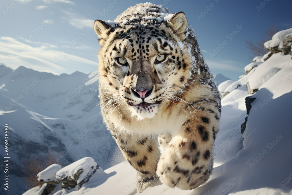 Obraz premium An elusive snow leopard traversing the mountainous terrain, symbolizing the resilience and adaptability of wildlife in challenging environments. Generative Ai.